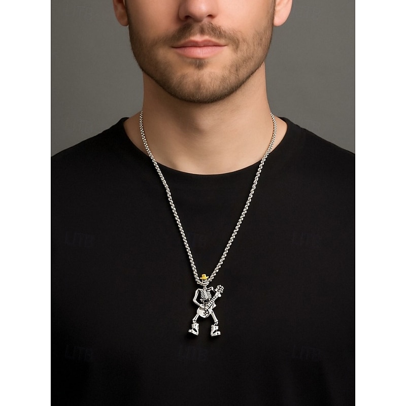 Men's Halloween Skull Guitar Pendant Necklace, Rock Punk Style Metal Chain Jewelry, Suitable for Parties, Concerts and Nightlife