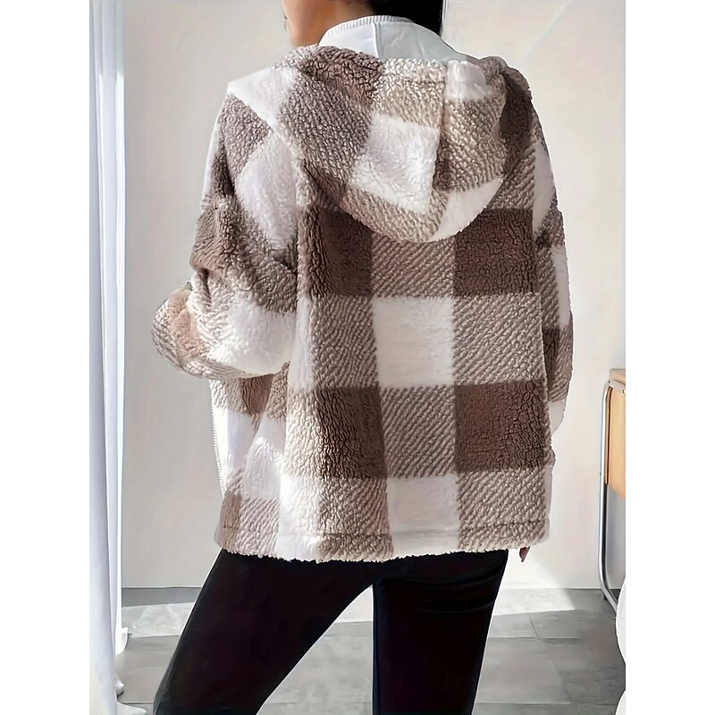 Women's Fleece Jacket Teddy Coat Comfortable Breathable Pocket Buttons Print Casual Plaid Vacation Street Casual Daily Wear Zipper Regular Hooded Regular Fit Long Sleeve Outerwear Brown Spring Fall2
