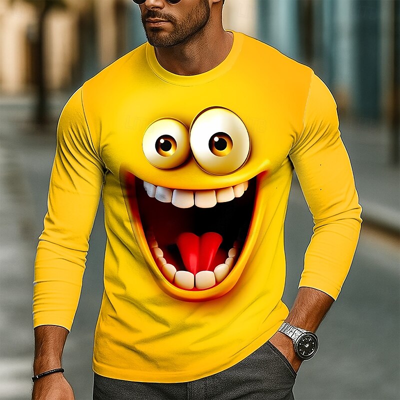 Men's 3D Funny Emotes T Shirt Long Sleeve T shirt 3D Print Crew Neck Shirt Fashion Exaggerated Street Daily Lake Blue Yellow Orange Summer Spring Fall Clothing Apparel S M L XL XXL XXXL3