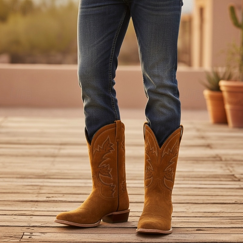 Men's Classic Suede Western Cowboy Boots - Brown Faux Leather Mid-Calf Embroidered Rodeo Style - Perfect for Rodeo, Country Weddings, and Outdoor Events4