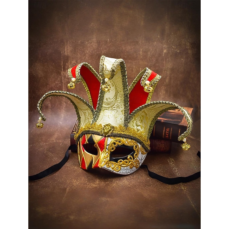 Women's Venetian Jester Mask with Gold Trim and Bells, Baroque Style Masquerade Costume Accessory for Halloween Party