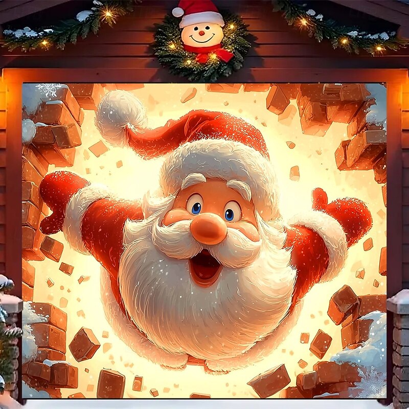 Christmas Outdoor Garage Door Cover Santa Claus 3D Broken Wall Effect Large Tapestry Backdrop Holiday Party Wall Decoration For Outdoor Garage Door Home Christmas Festival Decor4