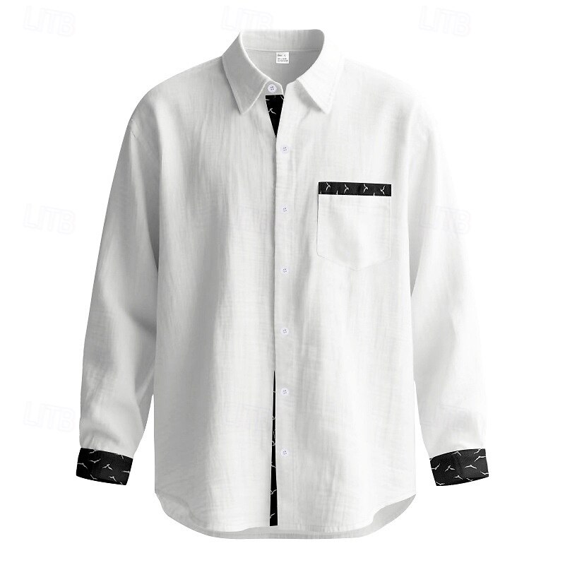 Men's Shirt Linen Shirt Casual Shirt Button Up Shirt Cotton Shirt Color Block Vacation Hawaiian Black White Navy Blue Khaki Long Sleeve Lapel Spring Fall Clothing Apparel Patchwork4
