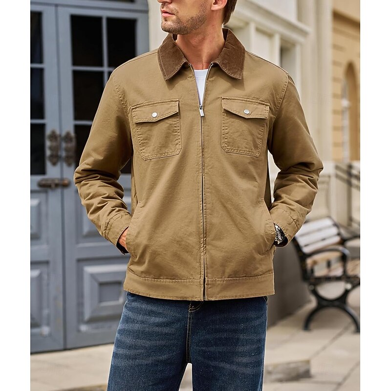 Men's Cotton Outdoor Jacket Shirt Jacket Cargo Jacket Padded Formal Home Pocket Plain Fall Autumn Solid Color Active Neutral Shirt Collar Short Black Navy Blue Brown Green Khaki Jacket4