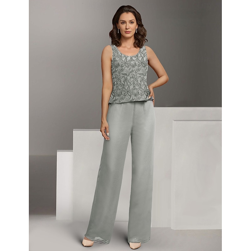 Formal Pantsuit Beach Wedding 3 Piece Mother of the Bride  Elegant Jewel Neck Chiffon Long Sleeve Wrap Included Lace Embroidery Solid Color3