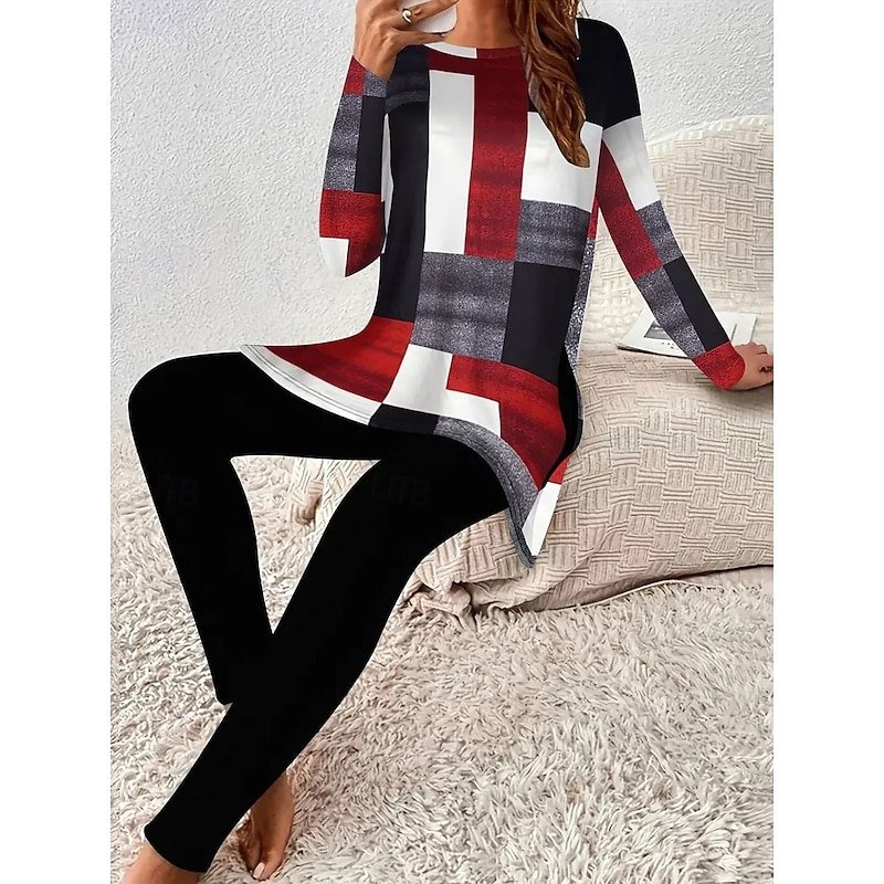 Women's Elegant Vacation Fashion T Shirt Pants Sets Long Sleeve Crew Neck Round Neck Graphic Geometric Striped Print Casual Daily Casual Daily Red Spring Regular Fit