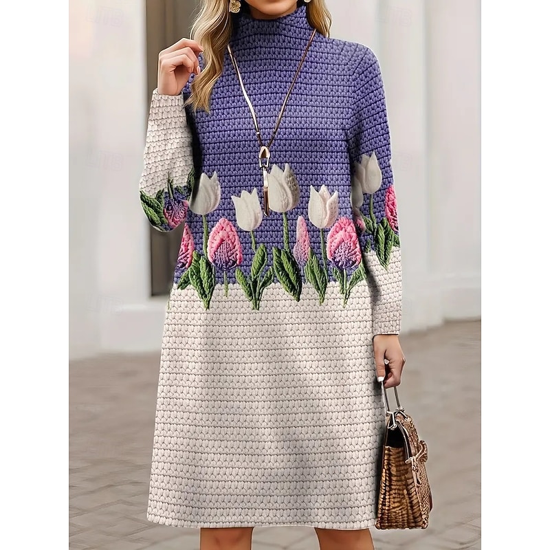 Women's Sweater Dress Mini Dress Shift Dress A Line Dress Vacation Party Casual Home Casual Daily Loose Fit Graphic Tribal Abstract Long Sleeve Turtleneck Purple Green Spring Fall Winter3