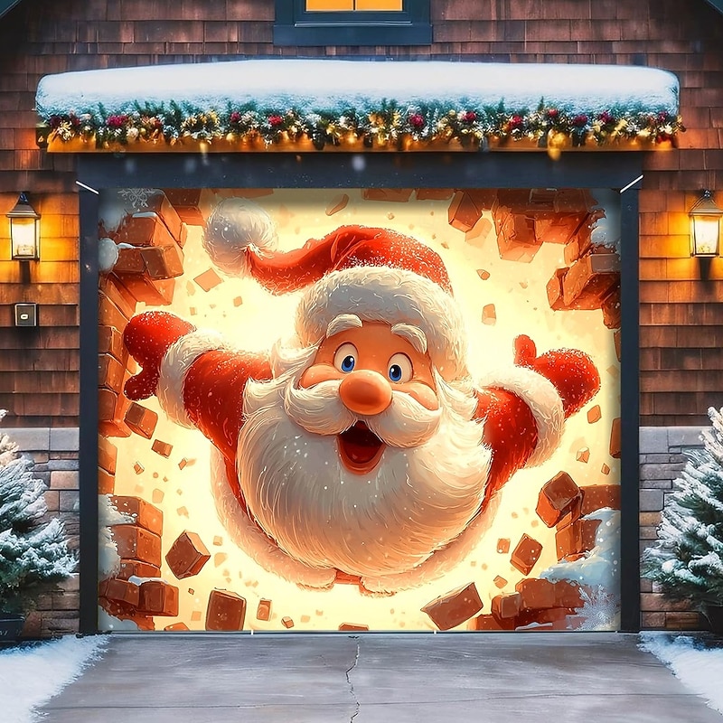 Christmas Outdoor Garage Door Cover Santa Claus 3D Broken Wall Effect Large Tapestry Backdrop Holiday Party Wall Decoration For Outdoor Garage Door Home Christmas Festival Decor