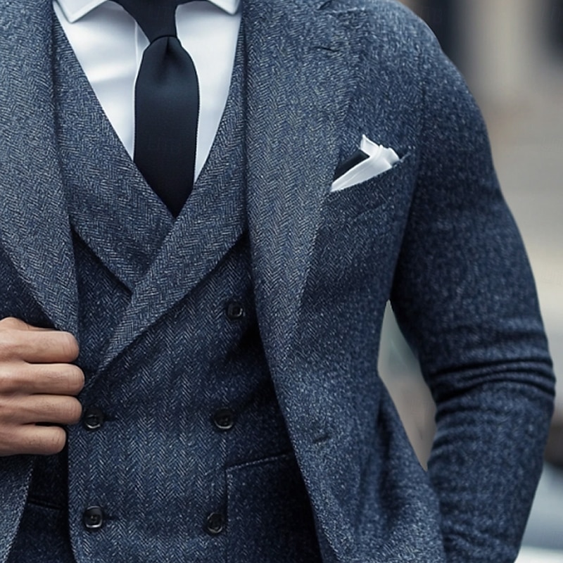 Men's Business Casual Tweed Suits Notch Lapel Dark Blue Formal Herringbone Slim Fit 3 Piece Single Breasted Two-buttons2