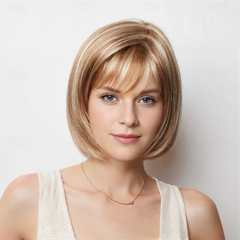 Women’s Blonde Brown Highlight Short Bob Wig with Bangs Natural Looking Realistic Synthetic Hair Heat Resistant Straight Elegant Daily Wear Fashion Style