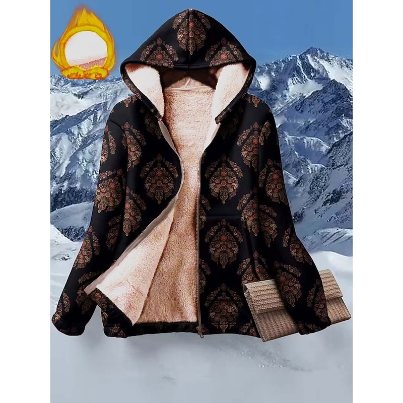 Women's Zip Up Hoodies Floral Graphic Paisley Warm Active Vintage Long Sleeve Hooded Regular Tops Home Party Evening Wear Dailywear Zip Up Patchwork Zipper Black Spring Fall Winter