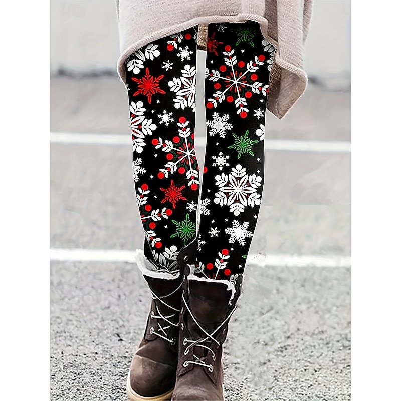Women's Leggings Vacation Vintage Fashion Full Length High WaistPantsUgly Christmas Graphic Snowflake Christmas Printing Soft Breathable Stretchy Vacation Street Causal Black Fall Winter Slim Fit