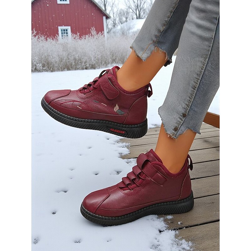 Women's Wine Red Winter Boots with Velcro Strap, Stylish and Comfortable, Perfect for Casual Outings, Winter Walks and Shopping Trips