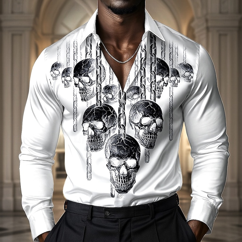 Halloween Men's Chains Print Skulls Shirt Satin Shirt Dress Shirt Long Sleeve Dark Gothic Style Outdoor Holiday Summer Spring Fall Turndown 3D Print Button Up Shirts Black White3