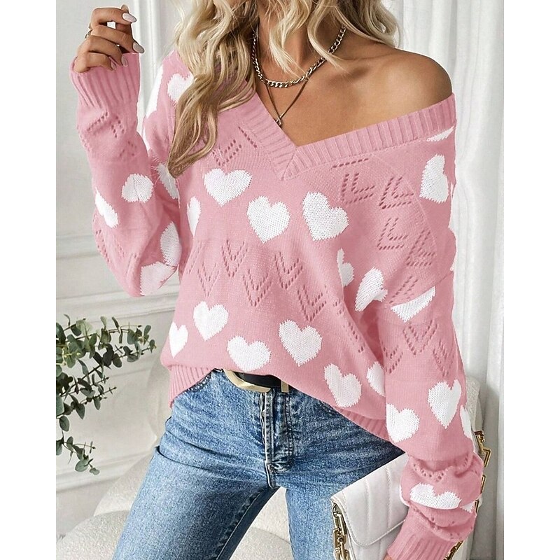 Women's Sweater Pullover Fashion Casual Heart Ribbed V Neck Knitted Long Sleeve Regular Tops Knit Outdoor Daily Weekend Black Pink Fall Winter