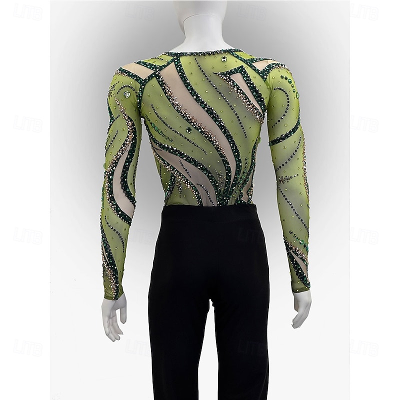 Figure Skating Top Men's Boys' Ice Skating Tops Green Patchwork Mesh Spandex High Elasticity Training Competition Skating Wear Classic Crystal / Rhinestone Long Sleeve Ice Skating Figure Skating2