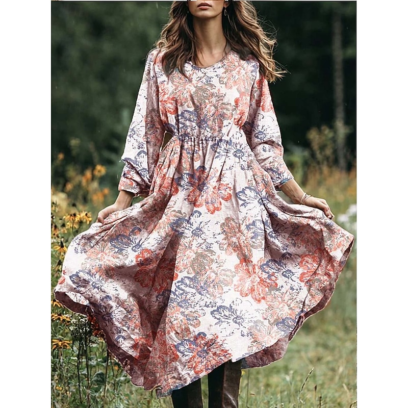 Women's Midi Dress A Line Dress Vacation Casual Boho Daily Beach Loose Fit Floral Graphic Paisley Long Sleeve V Neck Pink Blue Purple Green Spring Fall Winter Autumn3