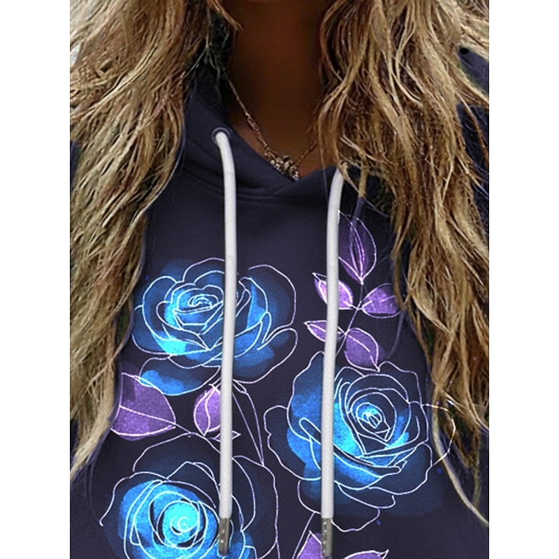 Women's Pullover Hoodies Floral Rose Fashion Streetwear Casual Long Sleeve Hooded Regular Tops Dailywear Casual Sports Drawstring Pocket Print Black White Spring Fall2