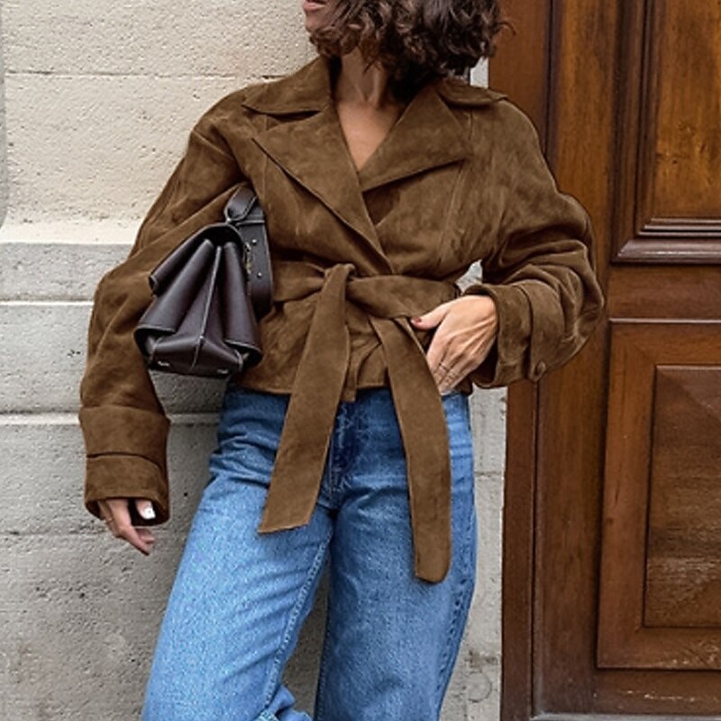 Women's Faux Leather Jacket Winter Coat Jacket Warm Comfortable Tie Front Fashion Plain Vacation Street Casual Going out Regular Turndown Regular Fit Long Sleeve Outerwear Brown Fall Winter2