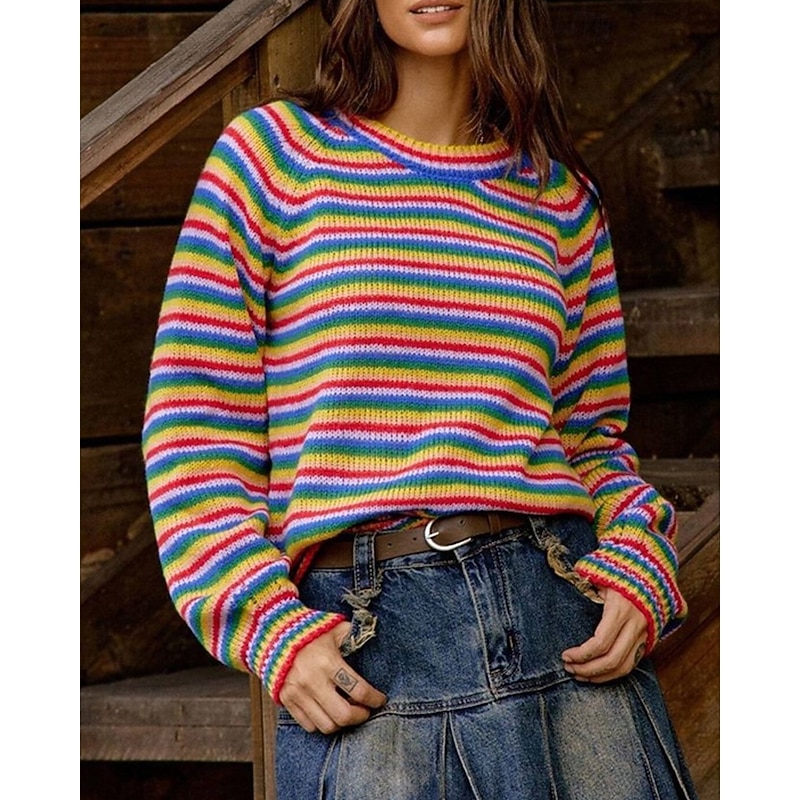 Women's Sweater Fair Isle Sweater Pullover Fashion Casual Striped Ribbed Crew Neck Knitted Long Sleeve Regular Tops Knit Outdoor Daily Weekend Blue Fall Winter