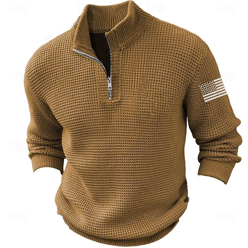 Men's American US Flag Pullover Sweater Jumper Zip Sweater Sweater Polo Zip Collar Casual School Vacation Daily Embroidered Zipper Knitting Long Sleeve Spring Fall Winter Black Brown Military Green3