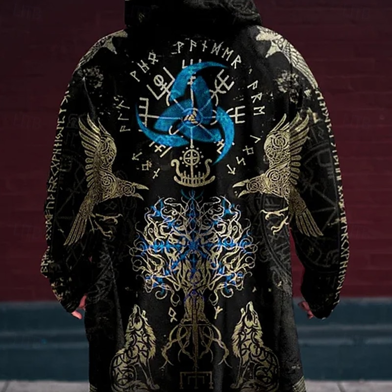 Men's Viking Winter Coat Fleece Jacket Coat Thermal Warm Comfortable Vintage Casual Street Daily Wear Zipper Pocket 3D Print Fall Winter Hooded Long Sleeve Black Blue3
