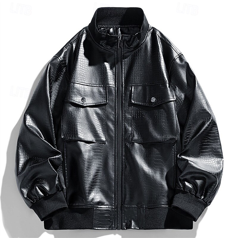 Men's Faux Leather Jacket Biker Jacket Motorcycle Jacket Vacation Daily Windproof Pocket Spring Fall Plain Fashion Classic Stand Collar Regular Black Red Jacket3