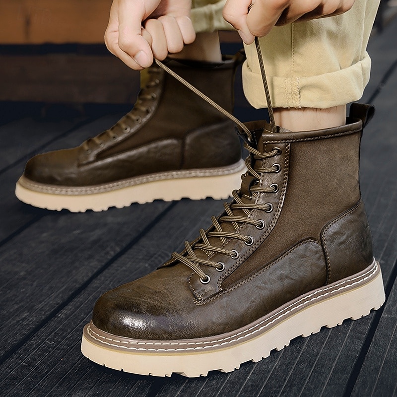 Men's Brown Faux Leather Lace-Up Combat Boots – Durable Outdoor Work and Hiking Footwear for Daily Wear and Adventure3