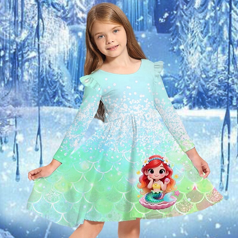 Girls' 3D Cartoon Mermaid Dress Ruffle Dress Long Sleeve Summer Spring Vacation Daily Holiday Princess Beautiful Sweet Kids 4-12 Years Casual Dress A Line Dress Knee-length Regular Fit3