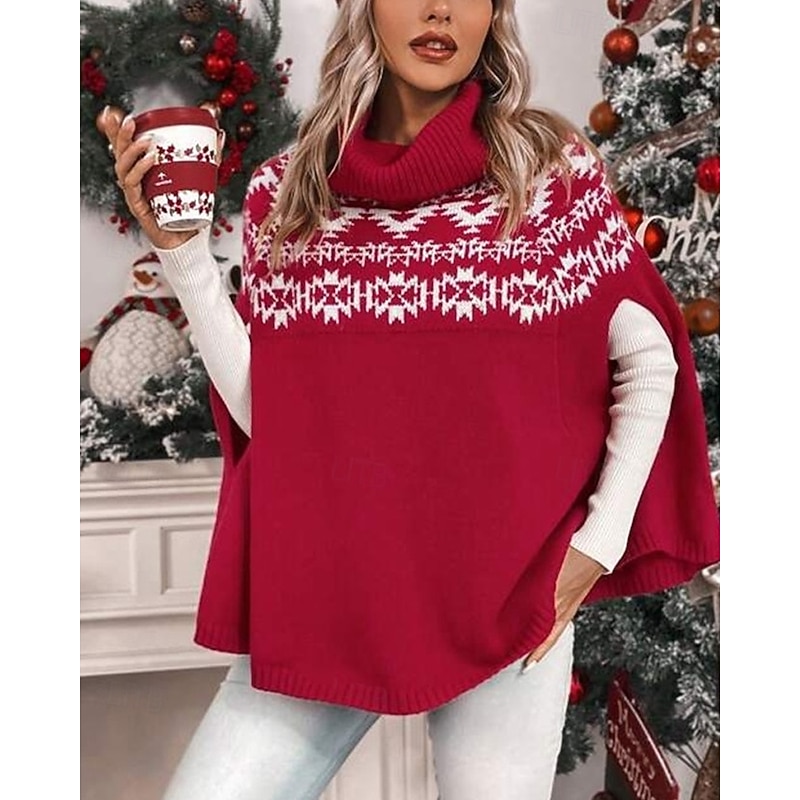Women's Sweater Shrug Fair Isle Sweater Fashion Casual Geometric Ribbed Turtleneck Knitted Long Sleeve Regular Tops Knit Christmas Outdoor Daily Red Fall Winter