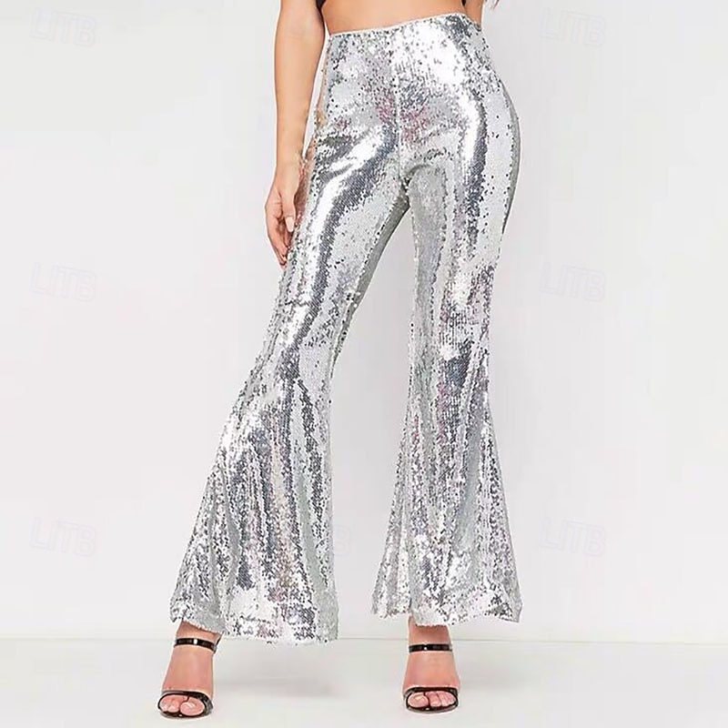 Women's Culottes Wide Leg Bell Bottom Fashion Streetwear Metallic Full Length Medium Waist Plain Elastic Waist Shiny Metallic Comfortable Micro-elastic Party Club Black Silvery Blue Spring Fall Loose