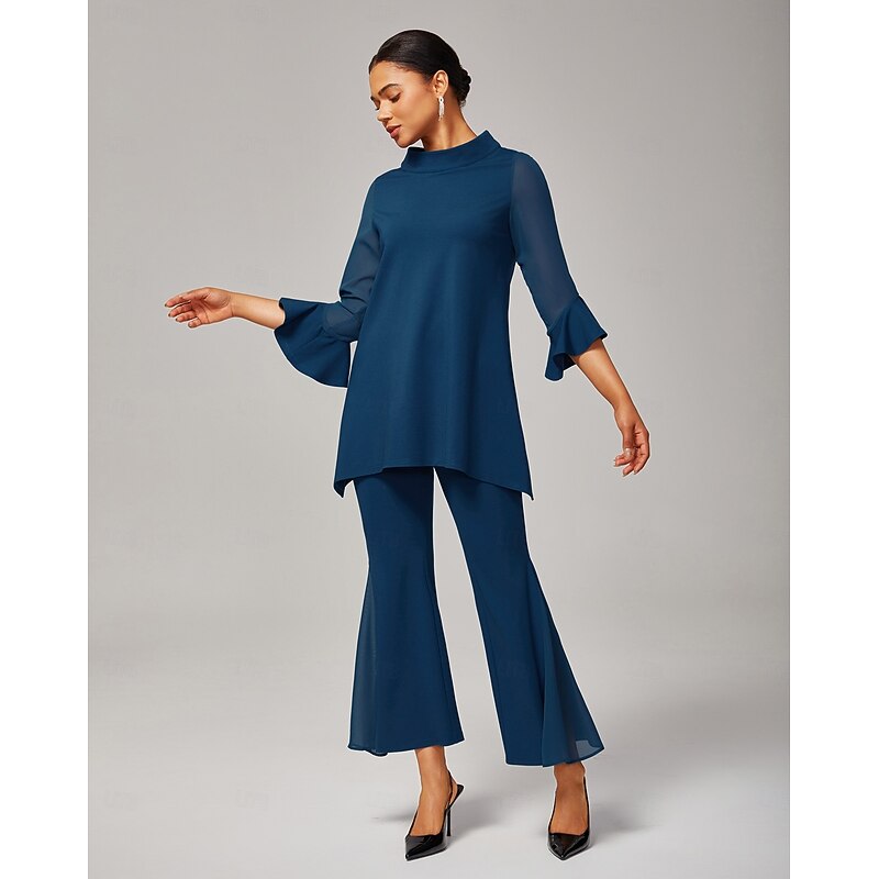 Women's Navy Blue Chiffon Modal Matching Set Blouse Bell Bottom Pants Elegant Stylish Comfortable Daily Work Evening Wear Fall3