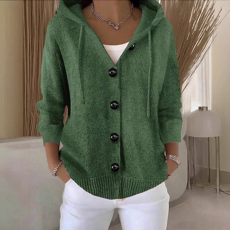Women's Sweater Cardigan Fashion Streetwear Casual Pure Color Ribbed Hooded Pocket Buttons Knitted Long Sleeve Regular Tops Knit Outdoor Daily Weekend Black White Fall Winter2