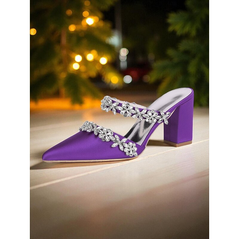 Women's Black Satin Block Heel Mules with Rhinestone Floral Straps - Elegant Pointed Toe Shoes for Formal Events and Nightlife Parties4