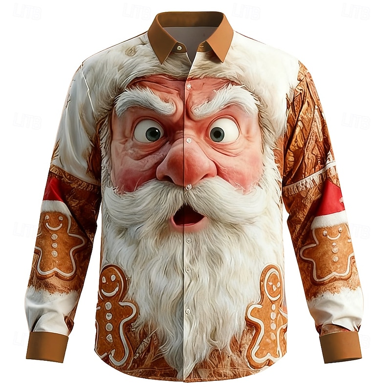 Christmas Men's Santa Claus funny christmas Gingerbread Man Shirt Button Up Shirt Long Sleeve Funny Outdoor Holiday Spring Fall Turndown 3D Print Collared Shirts Khaki Khaki / White