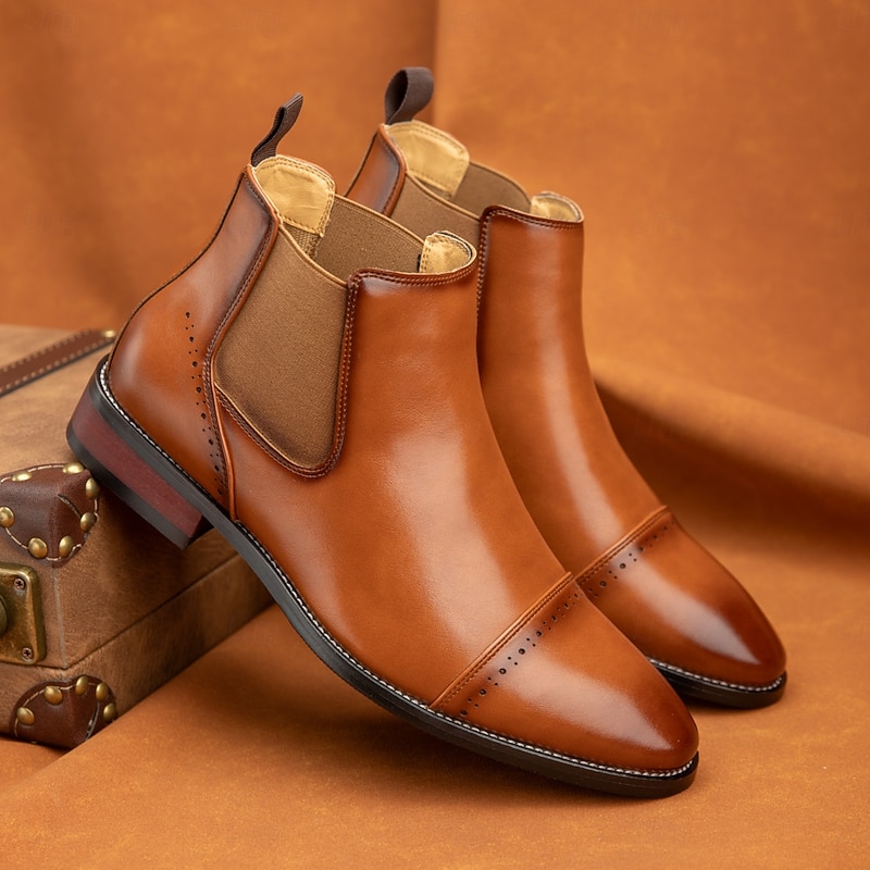 Men's Polished Brown Chelsea Boots with Pointed Toe Elegant Ankle Dress Boots for Business Meetings, Weddings and Evening Outings2