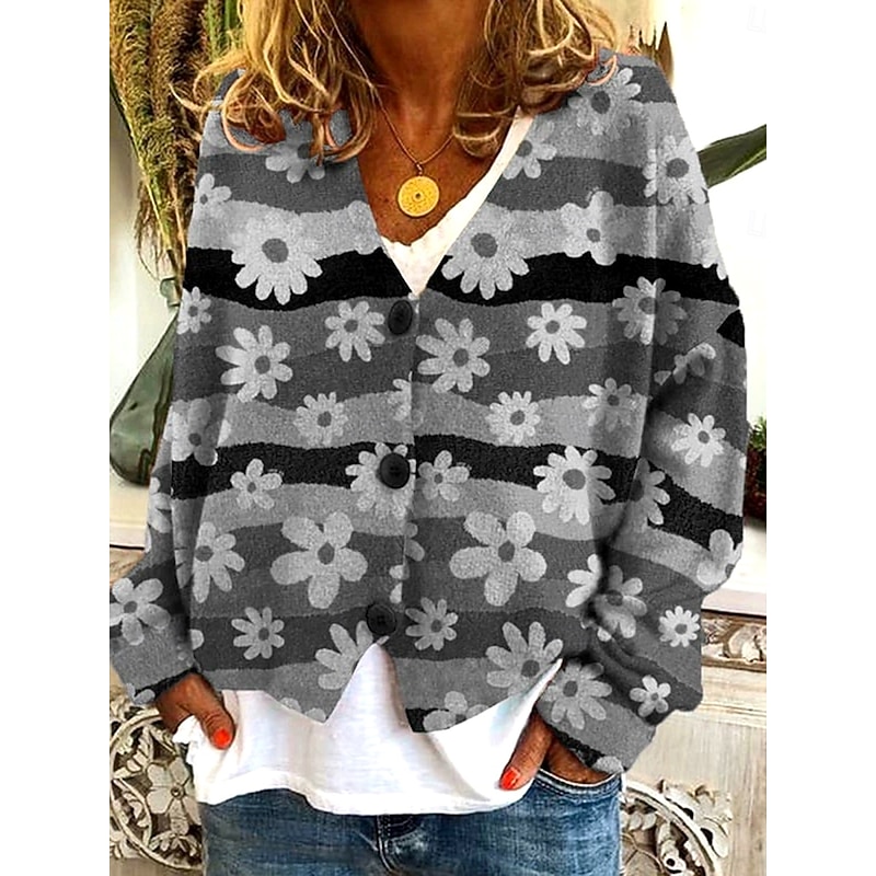 Women's Sweater Cardigan Elegant Vintage Fashion Floral Graphic Geometric V Neck Pocket Knitted Print Long Sleeve Regular Tops Knit Outdoor Daily Weekend Red Brown Blue Fall Winter3