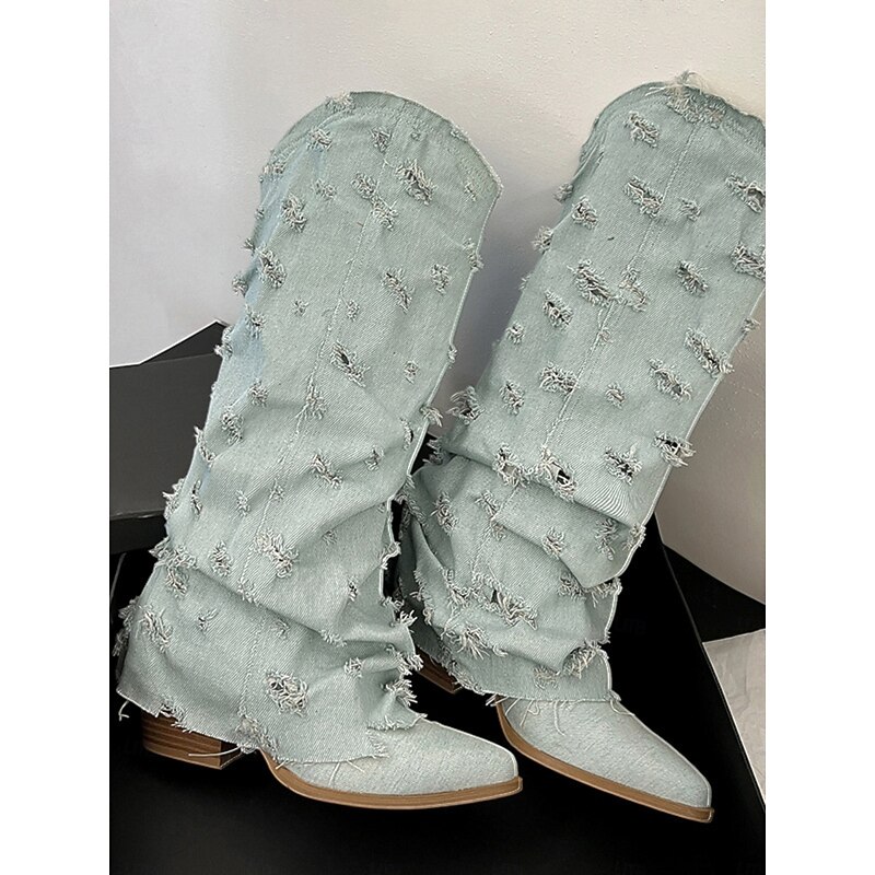Women's Distressed Denim Knee-high Boots with Chunky Heel, Fashionable and Trendy Footwear for Casual Outings and Street Style3