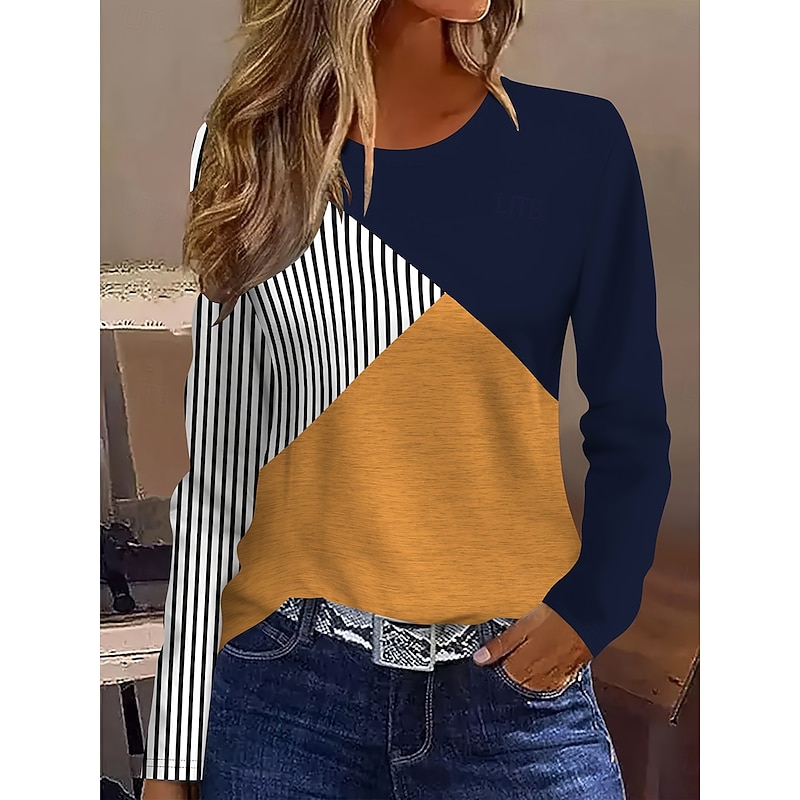 Women's T Shirt Graphic Geometric Color Block Vintage Stylish Classic Long Sleeve Crew Neck Round Neck Regular Tops Daily Print Yellow Fall Winter
