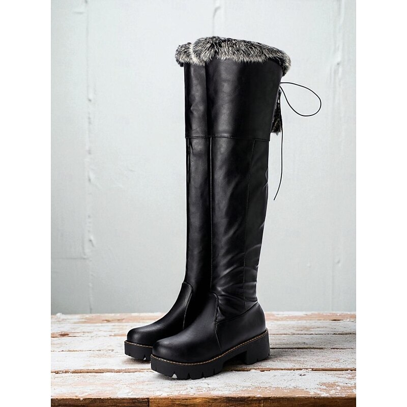 Women's Over the Knee Boots – Faux Leather Chunky Heel Platform Winter Shoes with Fur Trim for Streetwear and Parties