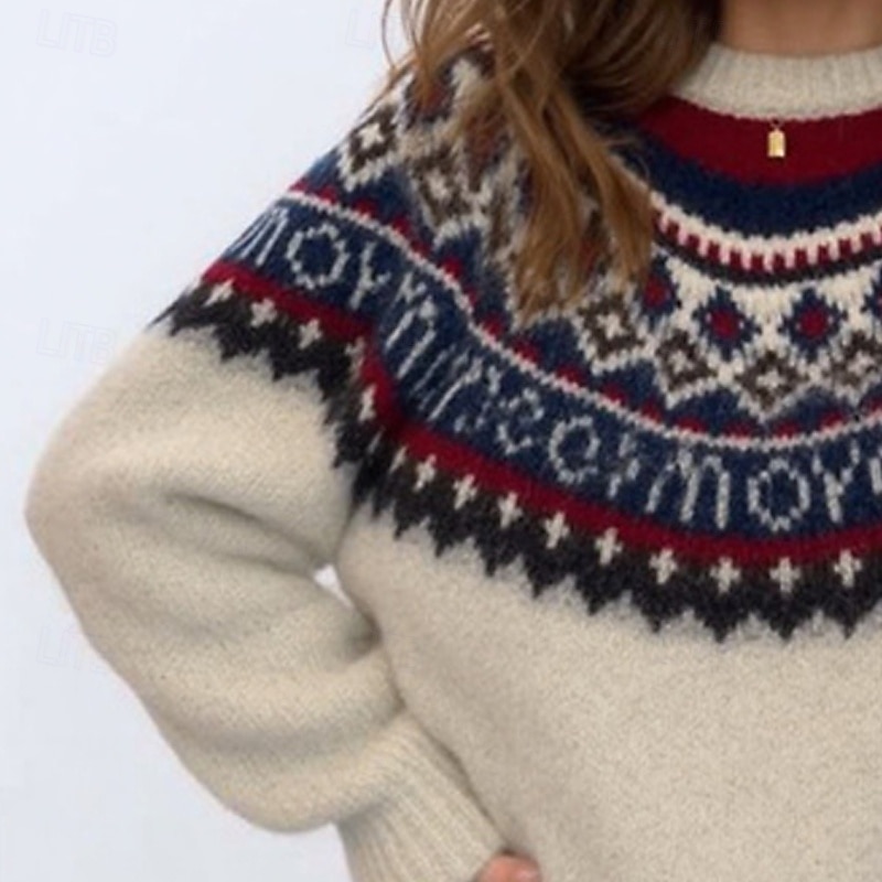 Women's Sweater Fair Isle Sweater Pullover Fashion Casual Geometric Ribbed Crew Neck Knitted Print Long Sleeve Regular Tops Knit Christmas Outdoor Daily Beige Fall Winter2