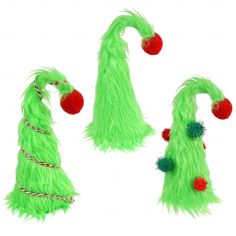 3 Pcs Lime Green Furry Christmas Decorations Mini Fuzzy Elf Xmas Tree Tabletop Decor Soft Faux Fur Table Centerpieces Gifts for Holiday Ornaments Party Supplies2