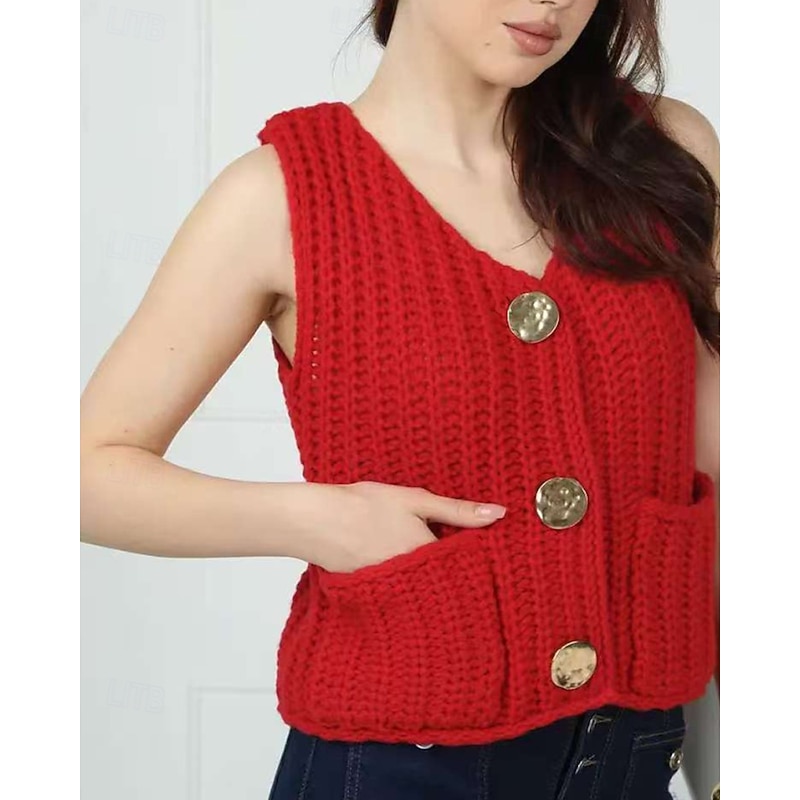 Women's Sweater Sweater Vest Cardigan Streetwear Casual Solid Color V Neck Buttons Knitted Sleeveless Regular Tops Knit Daily Holiday Going out Yellow Pink Fall Winter3