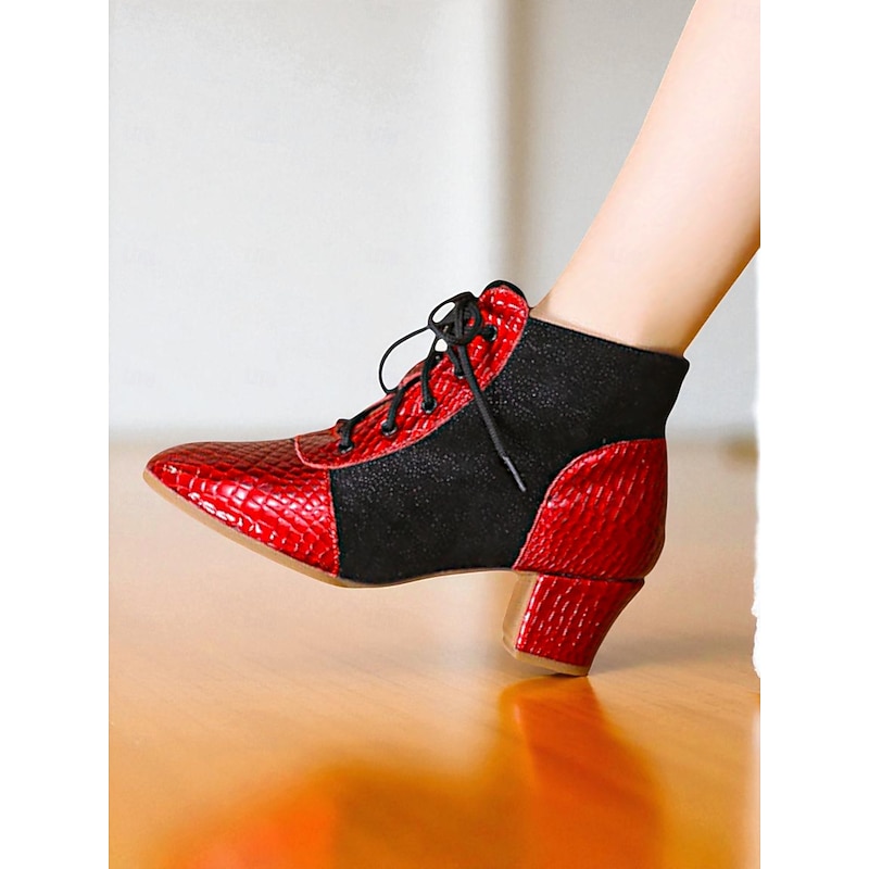 Women's Red and Black Lace-Up Dance Boots - Faux Leather Croc Pattern Low Heel Performance Ballroom Shoes3