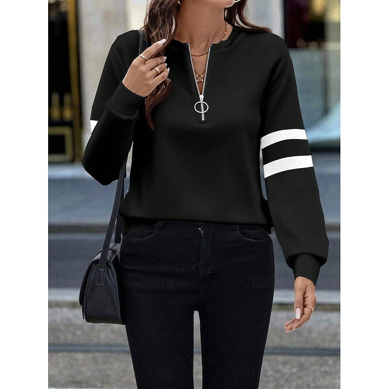 Women's Pullover Sweatshirt Zip Up Sweatshirts Graphic Geometric Color Block Fashion Casual Long Sleeve Crew Neck Regular Tops Street Dailywear Zipper Print Black White Fall Winter4