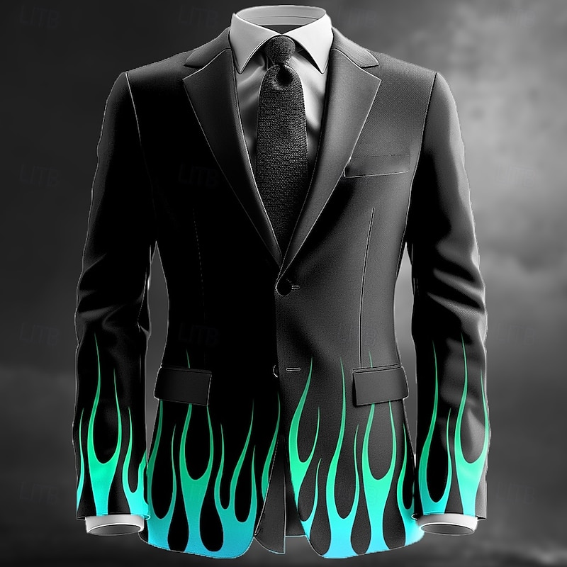 Men's Flame Blazer Jacket Coat Comfortable Artistic Casual Party Daily Festival 3D Print Buttons Multi Pocket All Seasons Notch Long Sleeve Yellow Red Blue2