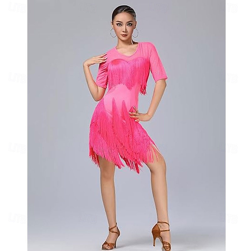 Rhinestones Layered Fringe Dress Ballroom Latin Dance Dress for Women Tiered Tassel Flapper Dresses Salsa Dancing Costume3