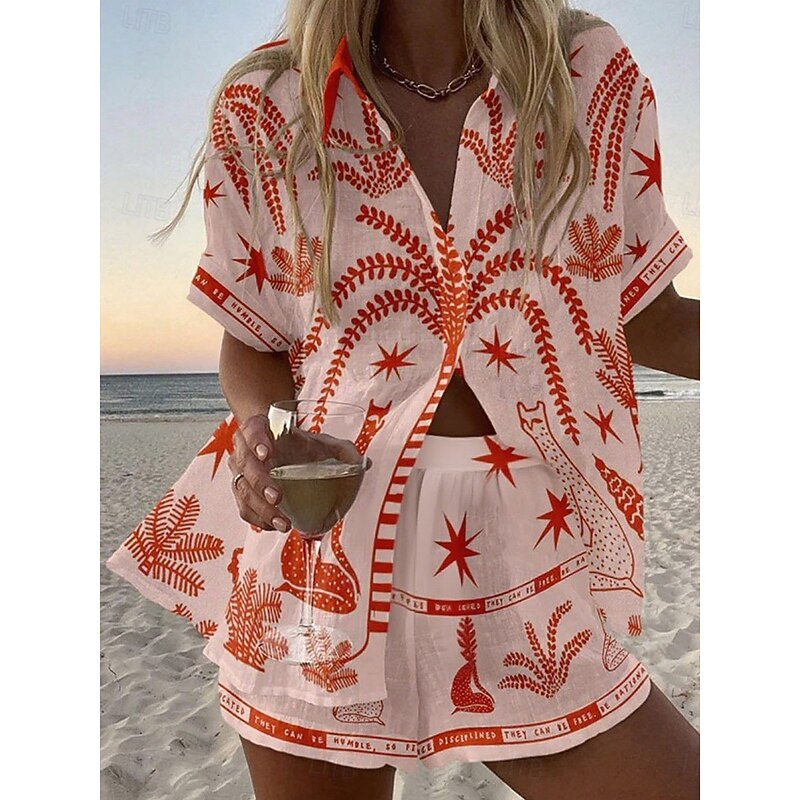 Women's 2 Pieces Fashion Streetwear Daily Shorts Sets Short Sleeve Shirt Collar Floral Graphic Print Vacation Casual Daily Yellow Pink Red Summer Regular Fit4