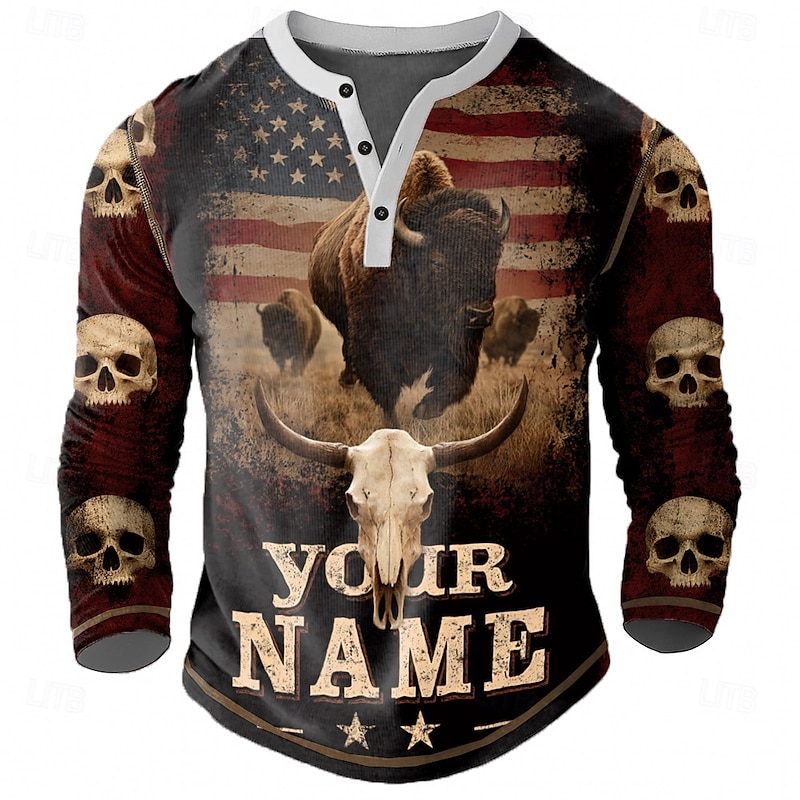 Men's Graphic Henley Shirt Tee Long Sleeve Vintage Fashion Designer Outdoor Casual Daily Spring &  Fall Dark Brown Blue Henley Henley T-Shirt