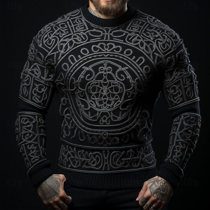 Men's Viking Pullover Sweater Jumper Knitwear Crewneck Retro Vintage Casual Vacation Daily 3D Print Keep Warm Long Sleeve Spring Fall Winter Black